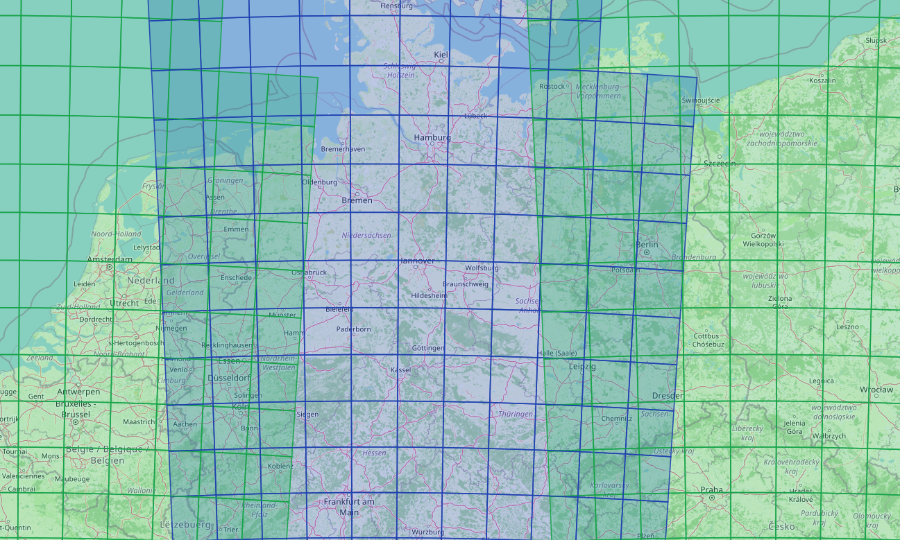 Map view showing three UTM zones with overlapping ClearSKY tile coverage near zone boundaries