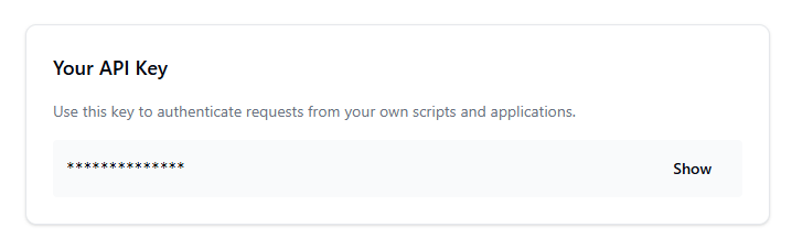 Settings page API key card showing where to reveal and copy the API key